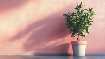 Poster - Verdant plant in a light gray pot against a blush pink wall.