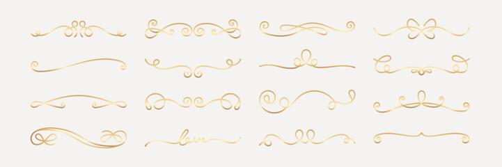 Poster - Vector set. Elegant gold swirls and flourishes. Decorative gold swirls for design. Use these gold flourishes for invitations. Gold swirls add elegance to any project. Hand drawn ornament vector set.