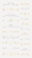Poster - Vector set. Elegant floral dividers in gold and silver. Curved, intricate floral designs for decoration. Use floral dividers for elegant, stylish embellishments. Hand drawn ornament vector set.