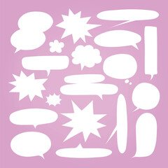 Poster - Collection of white speech bubbles on a pink background. Various shapes of speech bubbles, including clouds and bursts, ideal for comics and graphic design. Message illustration vector.