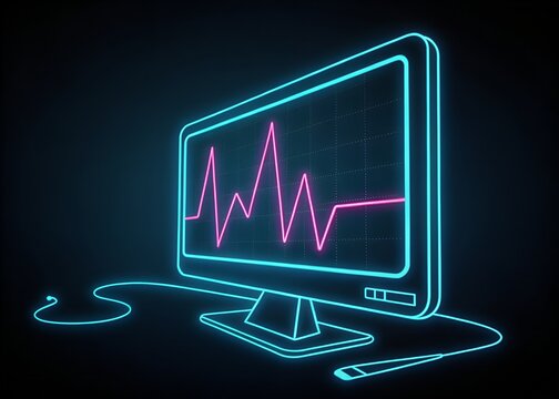 Neon outline of a monitor displaying a pink heartbeat line against a dark background design concept illustration