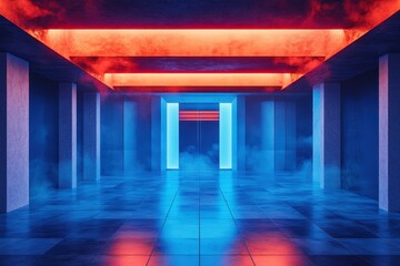 Poster - Neon-lit corridor with illuminated pillars and smoky atmosphere.