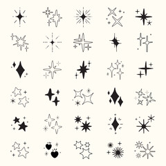 Poster - A collection of star and sparkle icons in various shapes. Star shapes and sparkle designs in a minimalist style. Perfect for star-themed projects and sparkle effects. Element vector set.