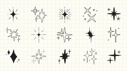 Poster - A collection of star and sparkle icons in various shapes. Star shapes and sparkle designs in a minimalist style. Perfect for star-themed projects and sparkle effects. Element vector set.