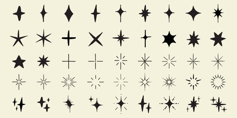 Poster - A collection of star and sparkle icons in various shapes. Star shapes and sparkle designs in a minimalist style. Perfect for star-themed projects and sparkle effects. Element vector set.