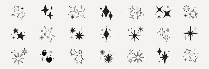 Poster - Collection of black star and sparkle icons. Various star shapes and sparkles. Simple star and sparkle designs. Minimalist star and sparkle graphics. Element vector set.