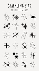 Poster - Collection of sparkling star doodles. Various star shapes and sparkling designs. Perfect for creative projects. Star doodles add sparkle and charm. Element vector set.