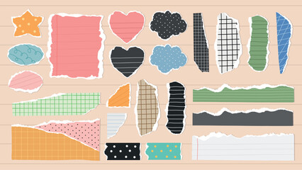 Poster - Colorful torn paper shapes, including hearts, stars, and clouds. Torn paper designs with patterns like polka dots and stripes. Creative torn paper art. Colorful patterned element vector set.