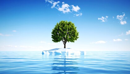 Solitary tree on an icy island in a vast expanse of water under a clear sky