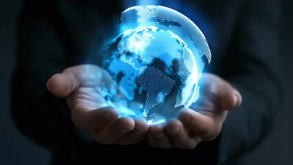 Poster - Businessman holding a glowing blue Earth hologram in his hands on a black background, a digital world concept, 