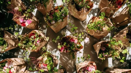 Poster - Colorful floral arrangements in brown paper bags.