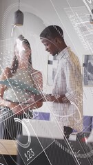 Poster - Animation of graphs, loading circles, changing numbers, globe, diverse coworkers discussing reports
