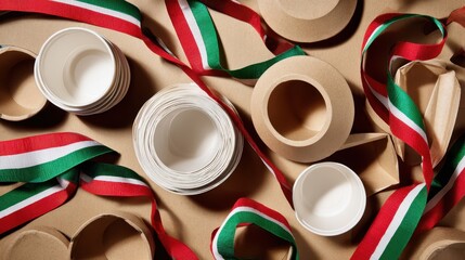 Poster - Recycled paper tableware and ribbons arranged on a light brown surface.