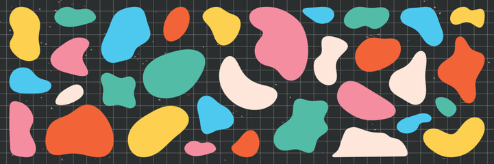 Poster - Colorful abstract shapes on a dark grid background. Various shapes in bright colors like red, blue, yellow, and green. Abstract shapes create a playful pattern. Colorful shapes, vector element set.