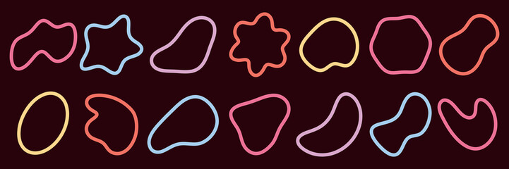 Poster - Colorful abstract shapes in neon outlines on a dark background. Abstract shapes in pink, yellow, blue. Unique abstract shapes for creative designs. Colorful shapes, vector element set.