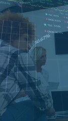 Poster - Animation of statistical, stock market data processing against two diverse men discussing at office