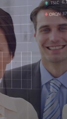 Poster - Animation of stock market data processing over portrait of diverse businesspeople smiling at office