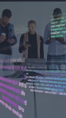 Poster - Animation of data processing against team of diverse colleagues using electronic devices at office