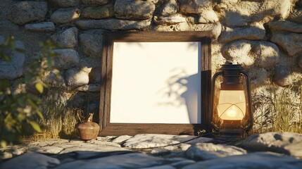 Poster - Empty picture frame and rustic lantern against a stone wall.