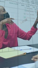 Poster - Animation of financial data processing over african american woman in face mask