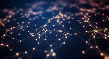 Poster - Abstract network of connected dots and lines on a dark blue background with bokeh effect visible - ai generated