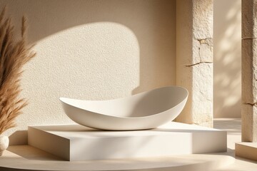 Poster - Light-filled display of a minimalist, sculpted bowl on a podium.