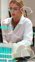 Poster - Animation of chemical formula and data processing over caucasian female scientist in lab
