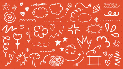 Poster - Playful doodles on red background. Doodles include swirls, stars, clouds, and arrows. Doodles add fun and creativity. Perfect for playful, creative designs. White doodle elements, vector set.