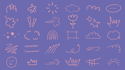 Poster - Colorful doodles on a purple background. Doodles include stars, clouds, flowers, and arrows. Fun and playful doodles, perfect for creative projects. Colorful doodle elements, vector set.