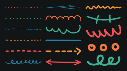 Poster - Colorful hand-drawn lines and arrows in various styles. Dotted lines, wavy lines, and arrows in vibrant colors. Hand-drawn elements for creative designs. Colorful doodle elements, vector set.