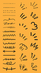 Poster - Collection of hand-drawn lines and doodles on yellow. Doodles include arrows, squiggles, and lines. Various line styles and doodles create a playful design. Black hand drawn elements, vector set.