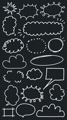 Poster - Collection of white hand-drawn speech bubbles on a black background. Various shapes and sizes of speech bubbles, perfect for design and illustration projects. White doodle elements, vector set.