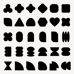 Poster - A collection of black geometric shapes, including circles, squares, triangles, and more. These shapes vary in form and size, offering diverse geometric designs. Black shapes, vector element set.