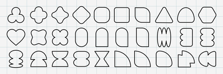 Poster - A grid of 24 unique geometric shapes, including circles, triangles, and hexagons. Each shape is outlined in black, showcasing diverse geometric designs. Black shapes, vector element set.