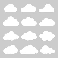 Poster - Collection of white clouds on a grey background. Various cloud shapes. Clouds in different forms. Simple cloud illustrations. Clouds against blue sky. Weather illustration, vector set.