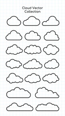 Poster - Set of cloud outlines on graph paper. Cloud shapes vary in size and style. Simple cloud designs, perfect for weather icons or educational materials. Weather illustration, vector set.