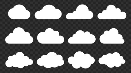 Poster - Collection of white cloud icons on a transparent background. Various cloud shapes, cloud patterns, and cloud designs. Perfect for weather apps and cloud illustrations. Weather illustration, vector set