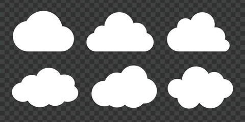 Poster - Collection of white cloud icons on a transparent background. Various cloud shapes, cloud patterns, and cloud designs. Perfect for weather apps and cloud illustrations. Weather illustration, vector set