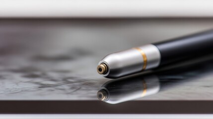 Poster - Close-up of a metallic stylus on a reflective surface.