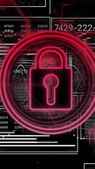 Poster - Animation of padlock and digital data processing over black background