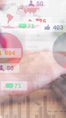Poster - Animation of social media data processing over caucasian businessman using computer