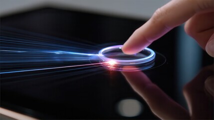 Aufkleber - Finger touching a glowing circular button on a tablet.