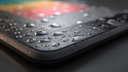 Poster - Water droplets on a dark gray surface.