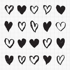 Poster - Various black heart doodles on background. Heart shapes, doodles, and patterns create a playful and artistic design. Hearts in different styles. Cute hand drawn Valentine's Day vector set.