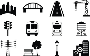 Poster - Black and White Cityscape Icons: Buildings Bridge Road Crane Traffic Light