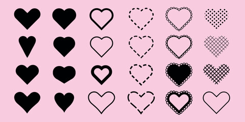Poster - Various black heart doodles on background. Heart shapes, doodles, and patterns create a playful and artistic design. Hearts in different styles. Cute hand drawn Valentine's Day vector set.