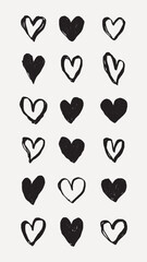 Poster - Various black heart doodles on background. Heart shapes, doodles, and patterns create a playful and artistic design. Hearts in different styles. Cute hand drawn Valentine's Day vector set.
