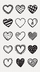 Poster - Various black heart doodles on background. Heart shapes, doodles, and patterns create a playful and artistic design. Hearts in different styles. Cute hand drawn Valentine's Day vector set.