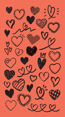 Poster - Various black heart doodles on background. Heart shapes, doodles, and patterns create a playful and artistic design. Hearts in different styles. Cute hand drawn Valentine's Day vector set.