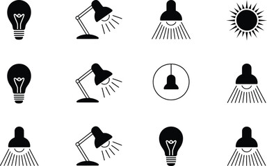 Poster - Black and White Light Bulb and Lamp Icons on White Background